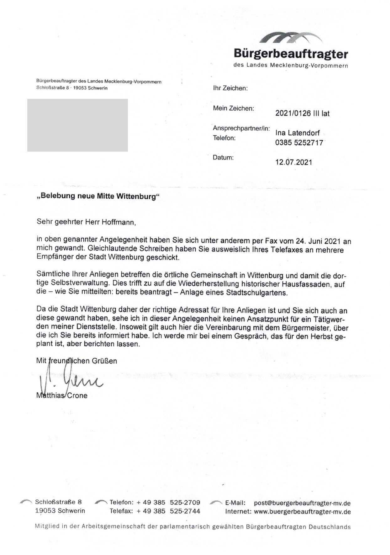 ANTWORT Buergerbeauftragter MV PETITION ANTRAG Neubau